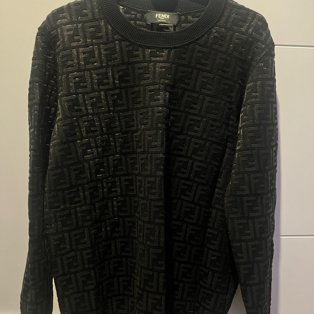 Fendi Black Crewneck Sweater with Geometric Pattern